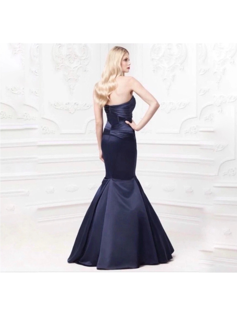 TRULY Zac Posen Satin Mermaid Pleats Bustier Dress In Blue Size 2 Formal Evening - Picture 3 of 11
